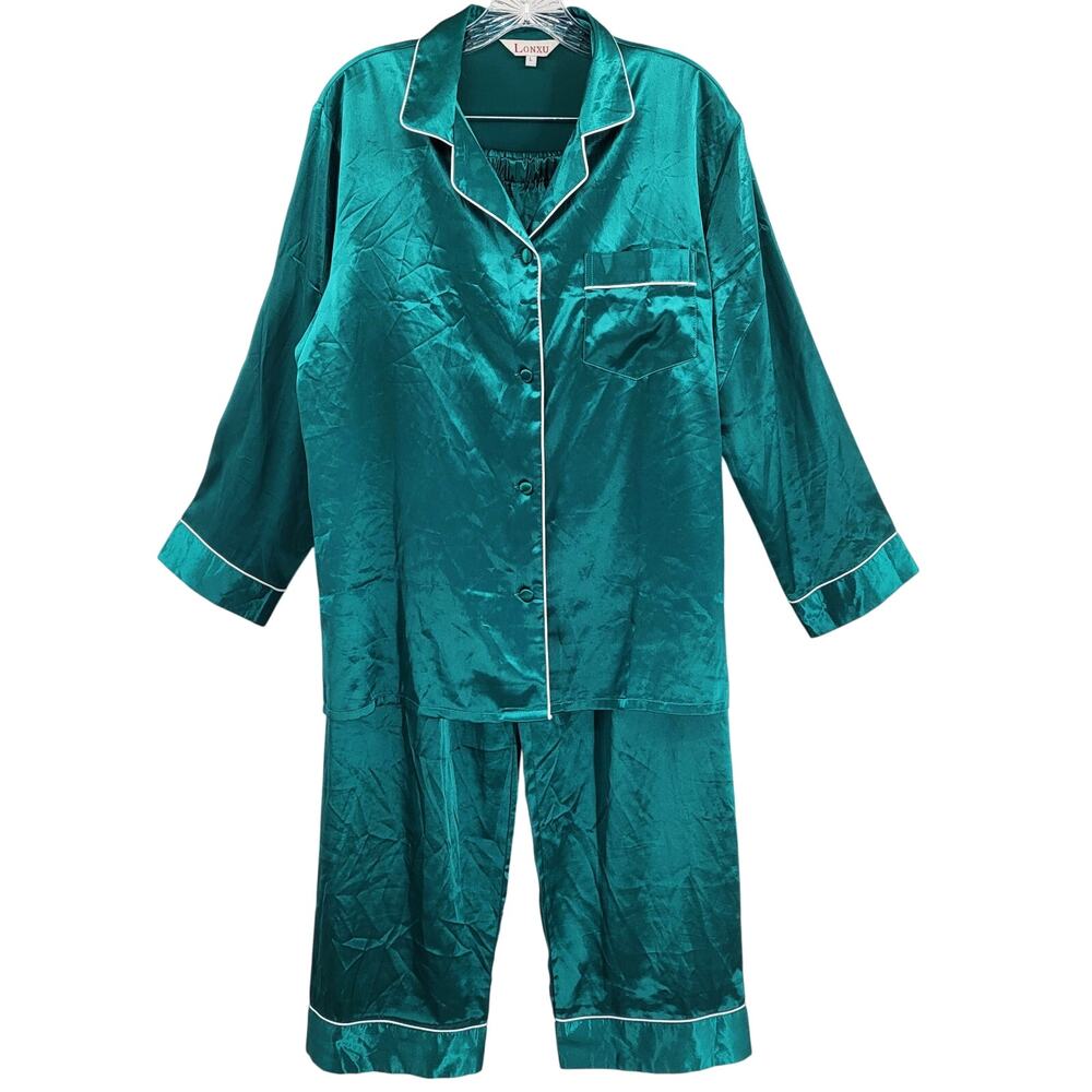 LONXU Emerald Green Satin Pajama Set White Trim Elasticized Waist Women's Size L